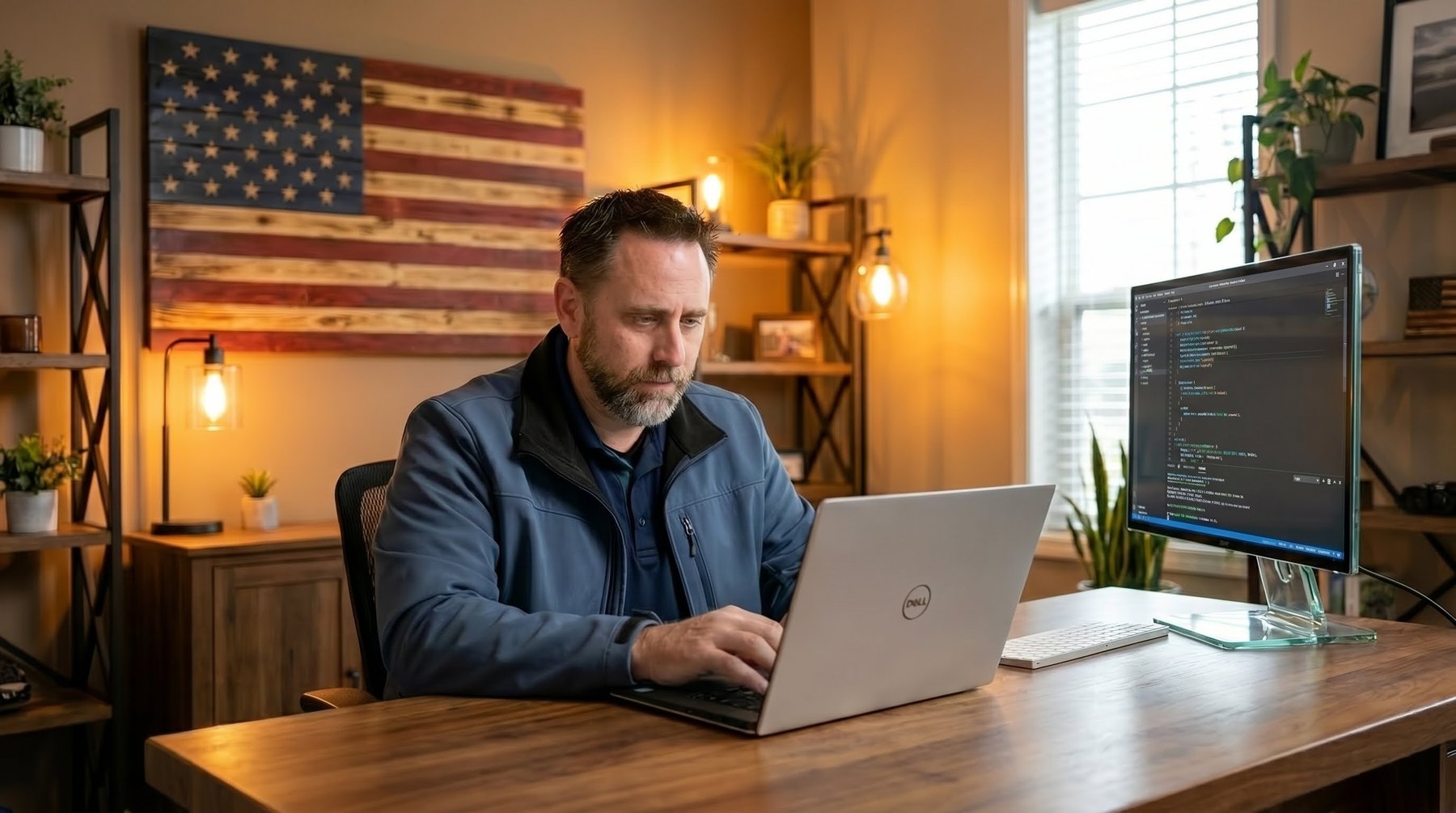 Joshua Andreasen working at a computer in his Carson City office
